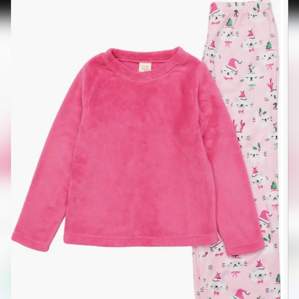 Munki Munki Kids' Holiday Cats Pink Plush Pajamas Cozy  Pajama Set....Size 10